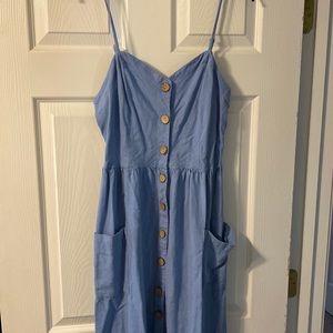 denim look blue midi dress with real buttons and pockets